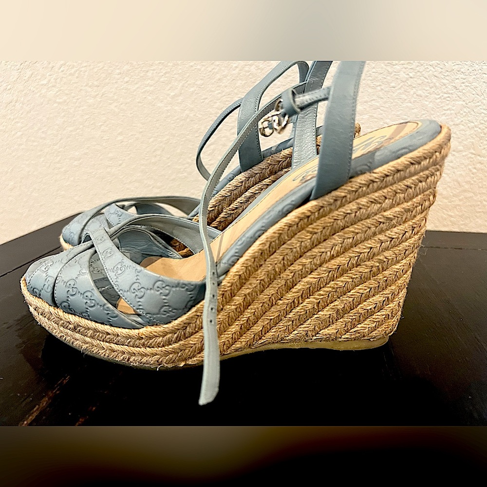 Gucci Teal Leather Wedge platform Eapadrille Penelope Sandals size 7